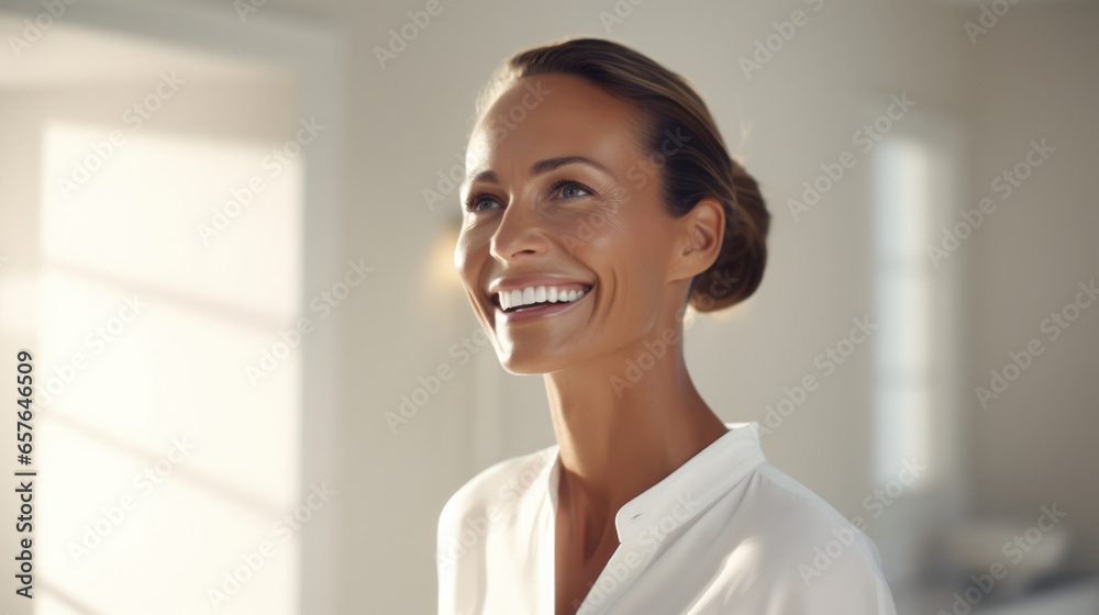 Eternal Grace: A Confident 40-Year-Old Scandinavian Woman Shines on Stage with a Radiant Smile, Exemplifying Timeless Elegance in a White Room.