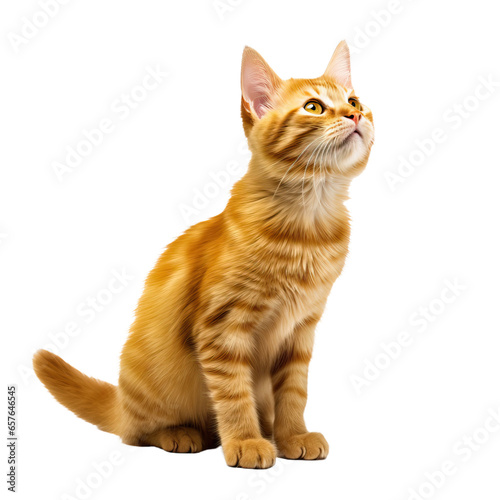 yellow cat looking up, isolated on transparent background cutout 