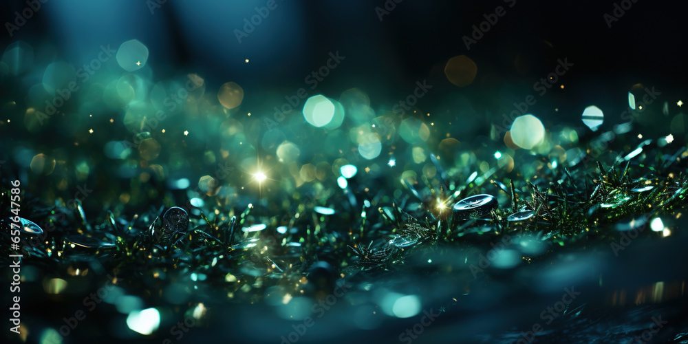 Abstract of Green and Gold Twinkley Lights and Glitter Selective Focused Background