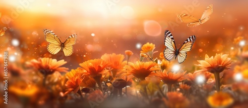 flowers and butterflies sunrise orange background
