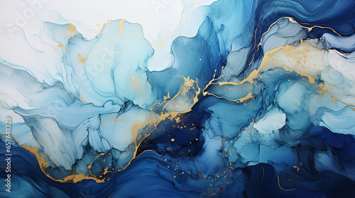 Natural Luxury Blue and Gold Abstract Fluid Art Painting in Alcohol Ink Technique Background
