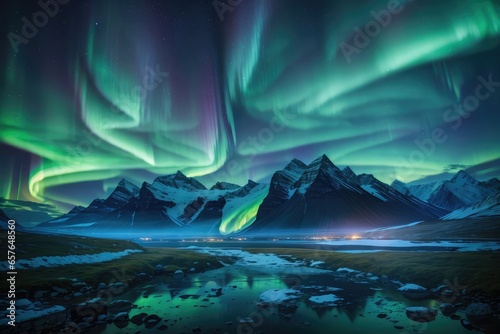 Arctic landscape with northern lights in the night sky and lakes and mountains
