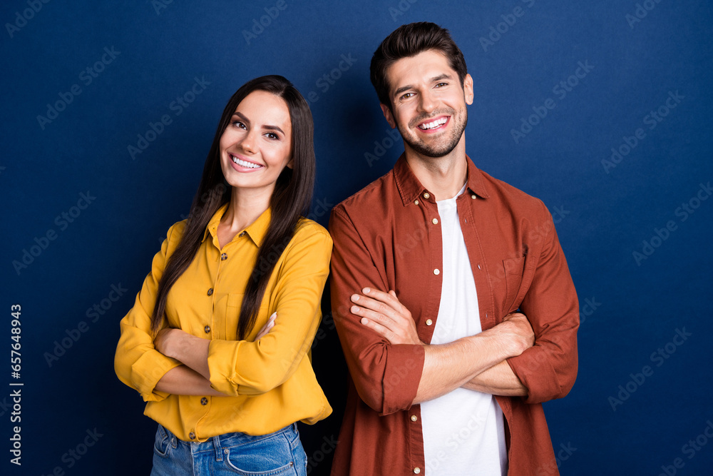 Portrait of positive corporate people toothy smile crossed arms posing isolated on dark blue color background - obrazy, fototapety, plakaty 