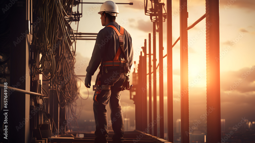 Electrical engineer worker at top of building Electrical engineer worker at top of building