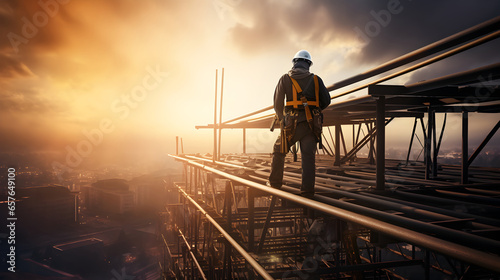 Construction engineer or worker at top of building, scaffolding installation project © Trendy Graphics