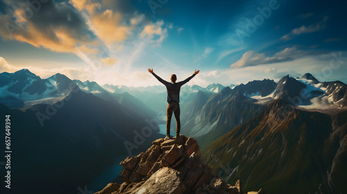 A happy person standing on mountain top with hands raised, mermerizing view of mountains #657649394