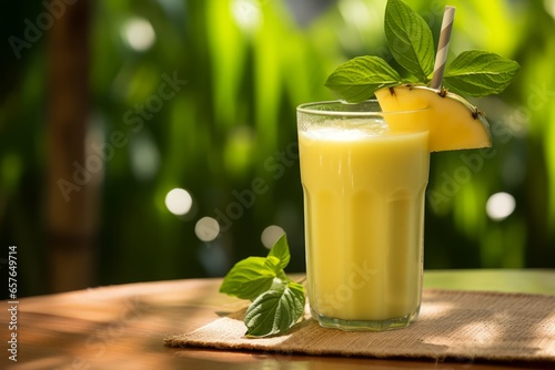 A refreshing Jackfruit Smoothie in a tall glass with a straw, surrounded by fresh jackfruit slices and green leaves under the warm sunlight