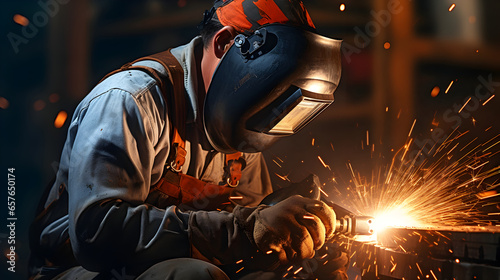 Metal Worker welding a pipeline in a factory