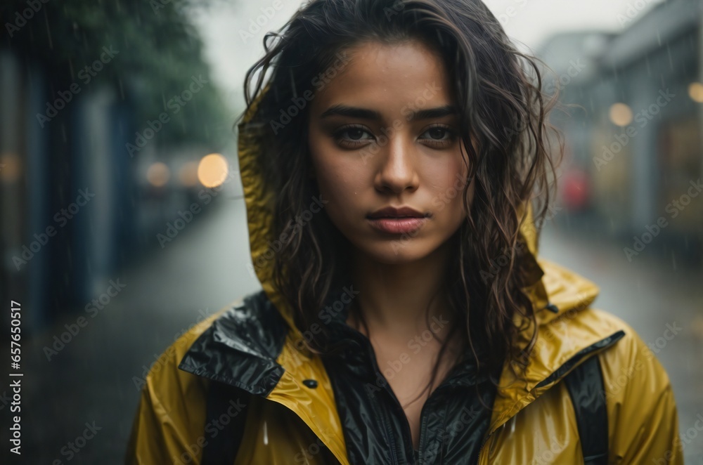 Drenched in downpour, Portrait of a young woman. Drenched in downpour, Portrait of a young woman.