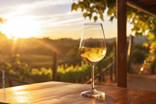 A chilled glass of Semillon wine sits on a rustic wooden table  surrounded by a picturesque vineyard under the golden sunset