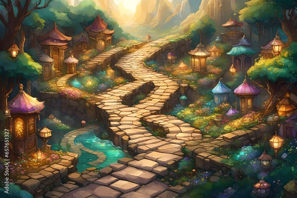 Create an image of an elegant, time-worn road paved with shimmering gemstones, leading to an untamed, mythical realm filled with magical creatures - obrazy, fototapety, plakaty 
