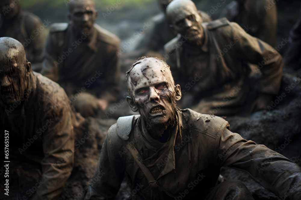 Obraz premium zombie soldiers of 20 century in a battlefield trenches. Neural network generated image. Not based on any actual person or scene.