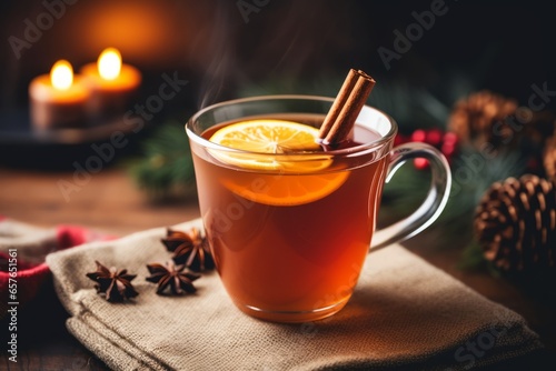A Warm Christmas Eve Scene Featuring a Close-Up of a Steaming Mug of Homemade Cinnamon Apple Cider, Perfect for Cold Winter Nights