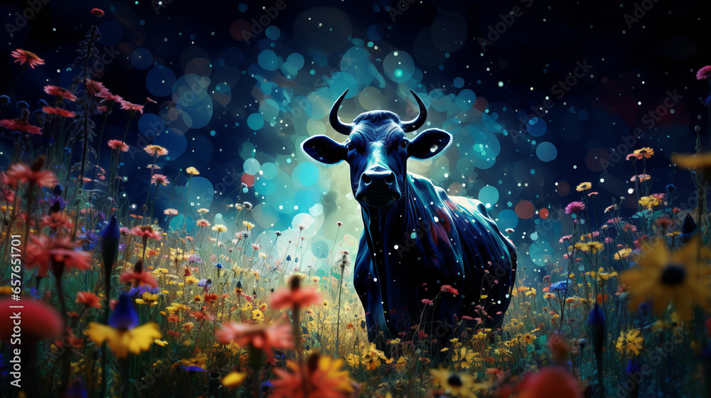A painting of a cow in a field of flowers