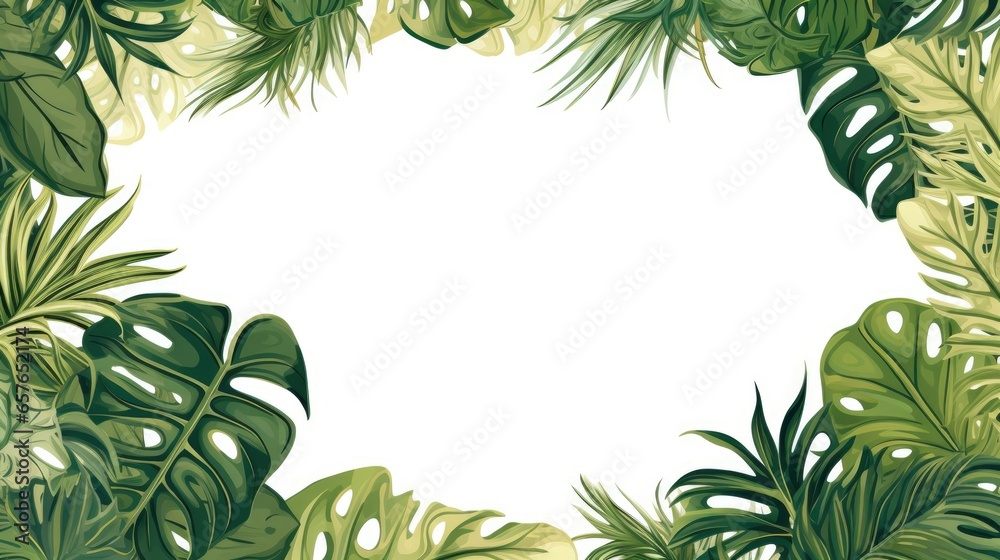 Botanical foliage frame with palm tree, monstera plants, fern on a white background, plant border, digital illustration