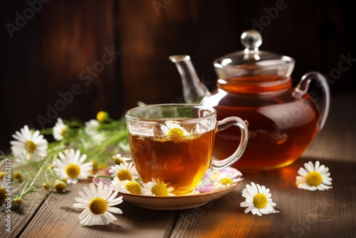 A calming cup of chamomile tea nestled among fresh chamomile flowers, with a backdrop of an old rustic wooden table and a vintage teapot