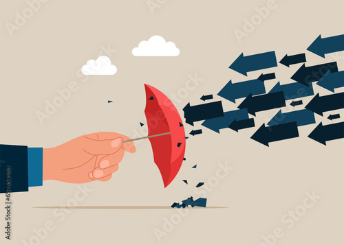 Hand businessman hold umbrella to resist the falling arrow. Flat vector illustration
