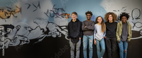 Diverse five friends teens stnding posing over graffiti wall, looking at camera, copyspace. photo