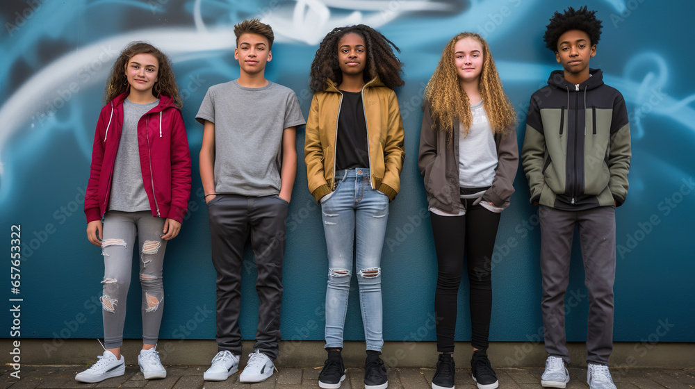 Fototapeta premium Diverse five friends teens staying posing over wall, looking at camera.
