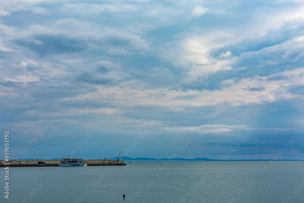 Scenery spring time travel perspective in warm pleasant cloudy day from the port of Nessebar, Black Sea, Bulgaria
