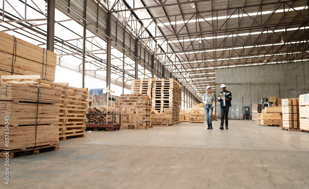 Diverse ethnic workers standing in warehouse examining hardwood material for wood furniture production. Engineer team wear safety hardhat working in lumber pallet factory. Diversity people check stock - obrazy, fototapety, plakaty 