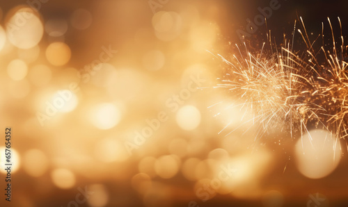 A sparkler emits shimmering light against a golden bokeh background.