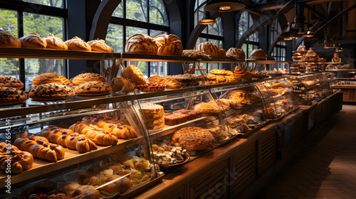 Artisanal bakery displaying pastries and breads in glass showcases