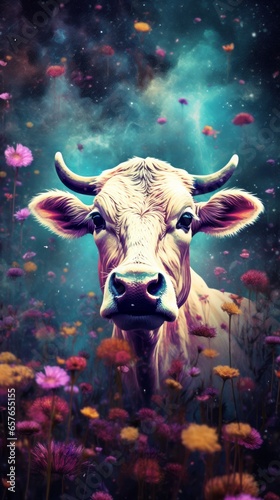 A painting of a cow in a field of flowers