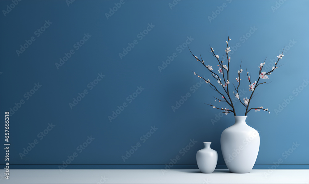 Empty interior background room with blue wall and white flower in vase. Empty interior background room with blue wall and white flower in vase.