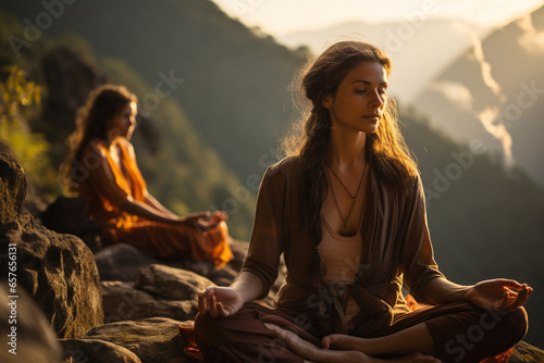 Unity connection with yourself, meditating for inner peace zen balance, stable mental health concept. Young female students women practicing breathing yoga pranayama in mountain sunrise nature park