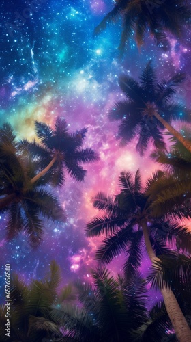 A night sky filled with stars and palm trees