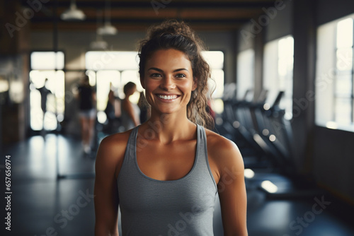 Young fitness coach woman standing in modern sport club interior. Active sport life getting fit healthy lifestyle concept. Female personal trainer gray t shirt smiling at camera in gym arms crossed photo