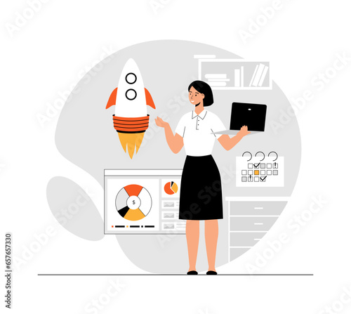 Startup business concept. Woman launching rocket, starting new company, work on laptop. Creative ideas. Illustration with people scene in flat design for website and mobile development.