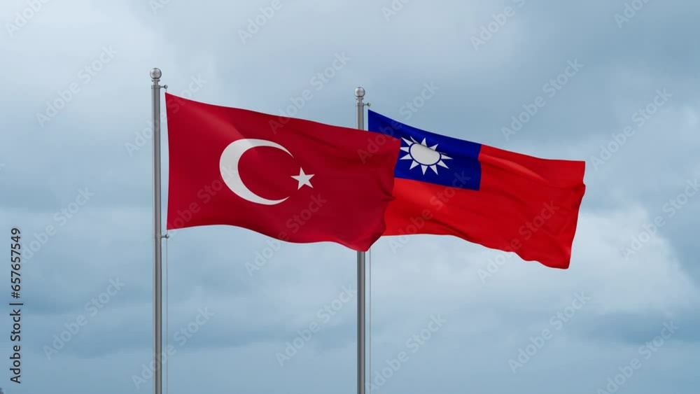 Taiwan and Turkey flag waving together on cloudy sky, endless seamless loop, two country cooperation concept