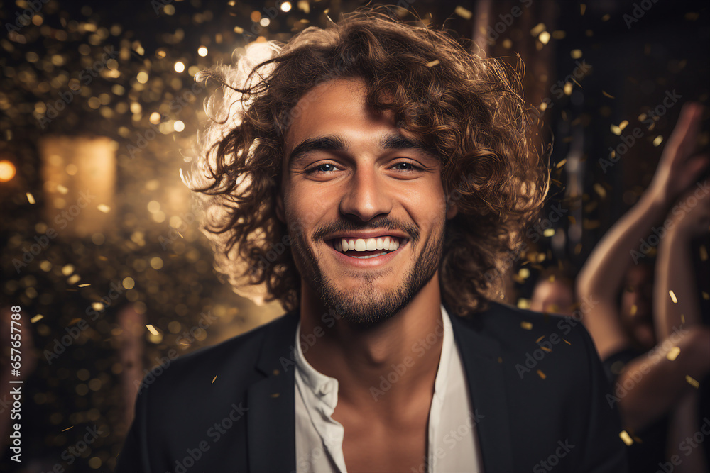Generative AI technology picture of young handsome guy hanging out celebration party decorations club Generative AI technology picture of young handsome guy hanging out celebration party decorations club