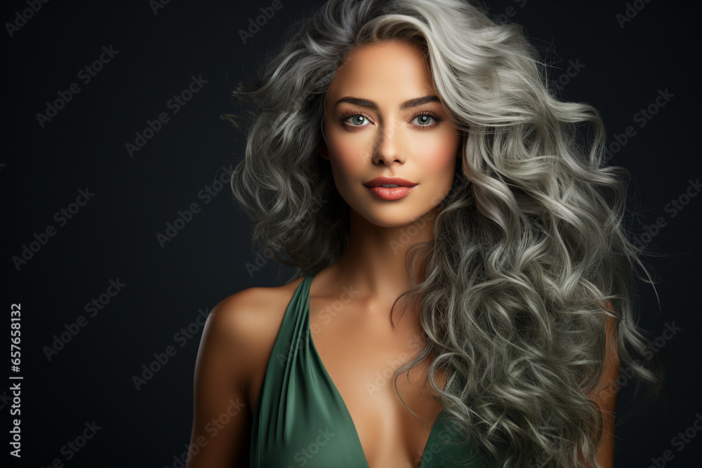 Fototapeta premium Generative AI photography of stunning lady with wavy grey color hair