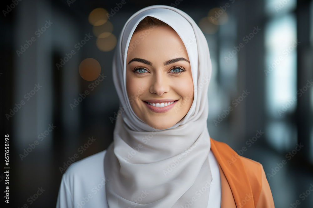 Muslim woman in hijab clothes in office building modern woman modern world generative AI Muslim woman in hijab clothes in office building modern woman modern world generative AI