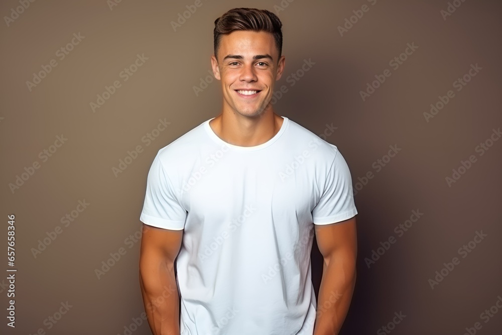 Portrait of a Fictional Smiling Handsome Male Model Wearing a White T-Shirt. Isolated on a Plain Colored Background. Generative AI. Portrait of a Fictional Smiling Handsome Male Model Wearing a White T-Shirt. Isolated on a Plain Colored Background. Generative AI.