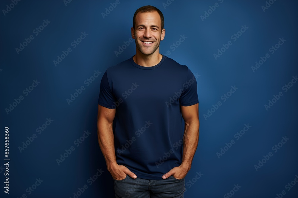 Fototapeta premium Portrait of a Fictional Smiling Handsome Male Model Wearing a Navy Blue T-Shirt. Isolated on a Plain Colored Background. Generative AI.