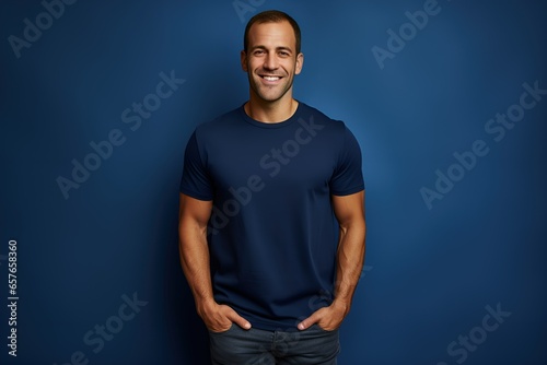 Portrait of a Fictional Smiling Handsome Male Model Wearing a Navy Blue T-Shirt. Isolated on a Plain Colored Background. Generative AI.