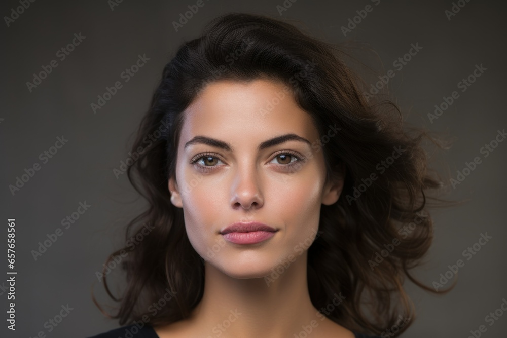 Close-Up Portrait of a Beautiful Fictional Woman's Face. Detailed Facial Expression and Eyes. Generative AI.