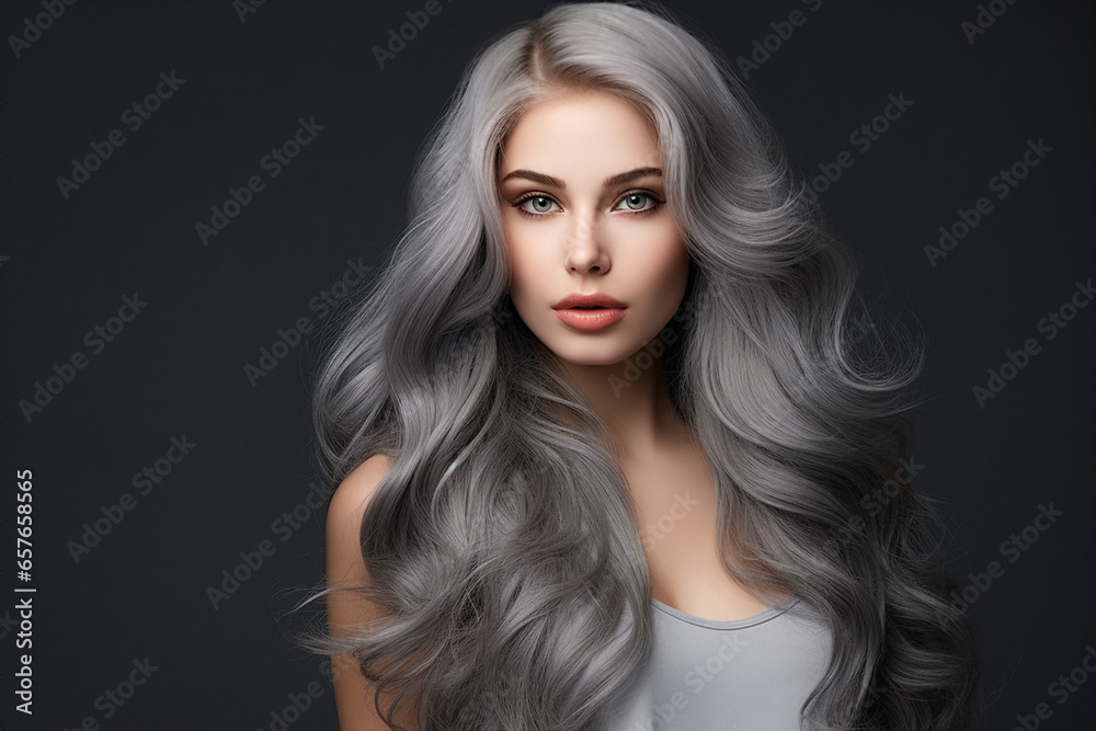 Generative AI picture of beautiful woman fashion model with long dyed gray color hair Generative AI picture of beautiful woman fashion model with long dyed gray color hair