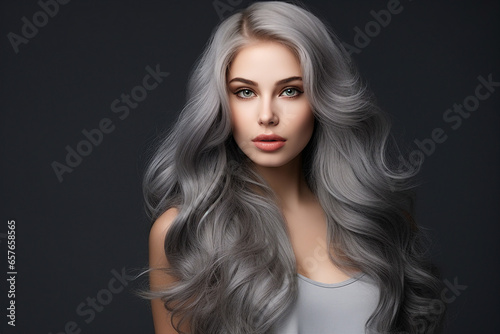 Generative AI picture of beautiful woman fashion model with long dyed gray color hair