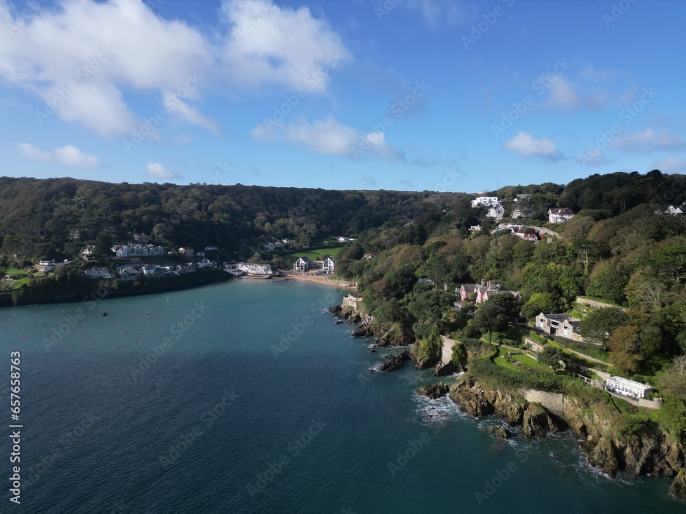 Salcombe Harbour, South Devon, England: DROVE VIEWS: South Sands beach and waterfront properties. Salcombe is a popular UK holiday resort known for its expensive properties.