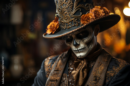 Generative AI picture of scary halloween monster dead male person mariachi devil