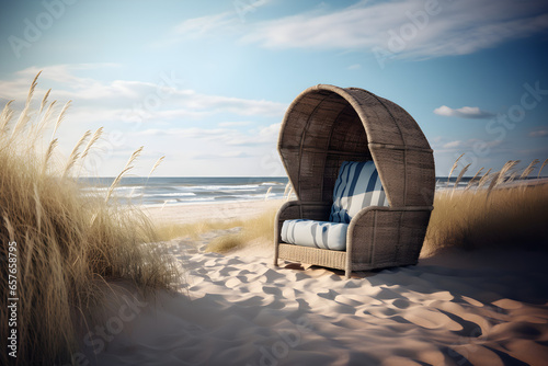 Strandkorb an Ostseestrand, erstellt mit generativer KI photo
