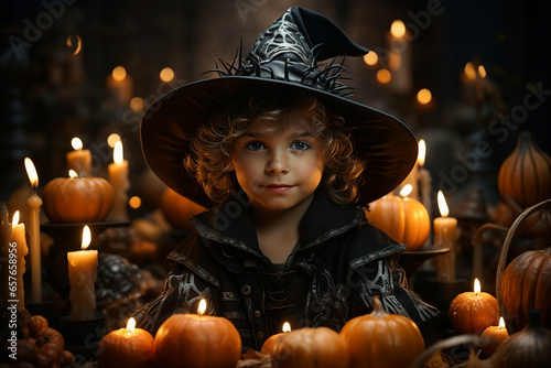 Generative AI picture of smiling little female or male child in thematic costume celebrating festival on dark background