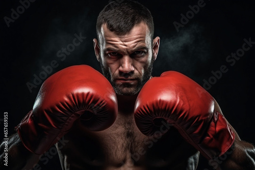 Generative AI photo of strong successful professional boxer fighting boxing pose and angry face in a ring © Tetiana