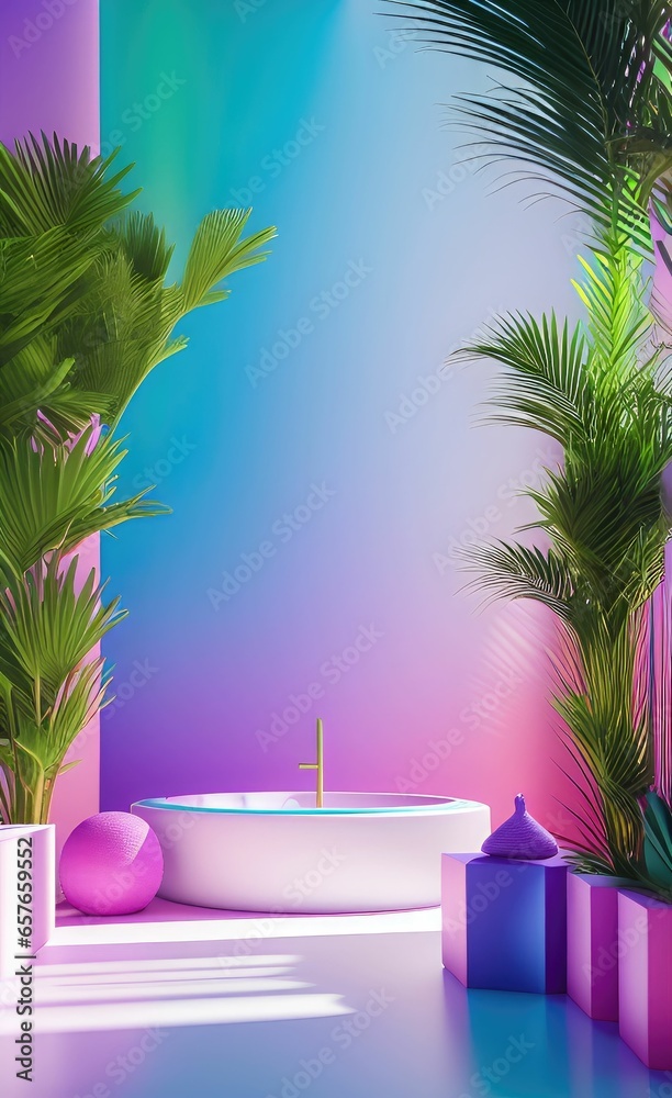 Obraz premium Neon style vibrant pastel colored spa wellness, pool image. Generative Ai art.