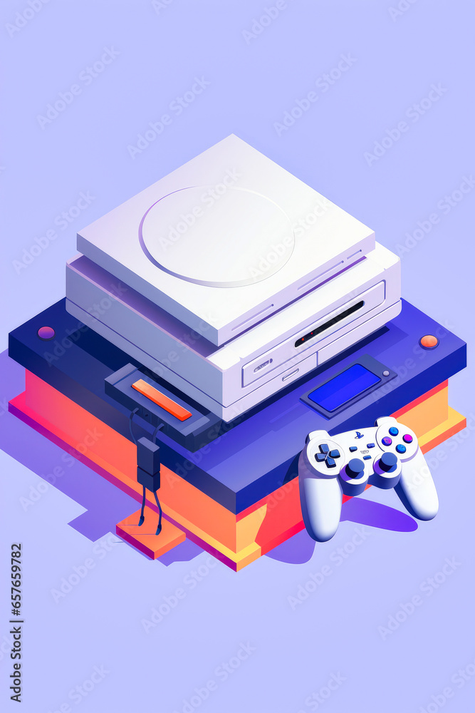 Video game console and two controllers on purple background. Video game console and two controllers on purple background.
